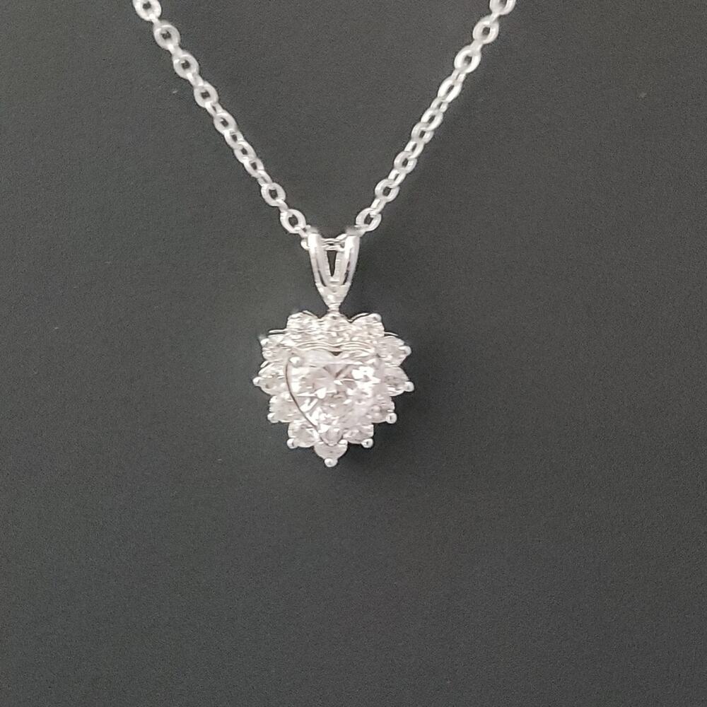 Silver Heart Pendant Necklace with Cubic Zirconia CZ 18 Inch Necklace